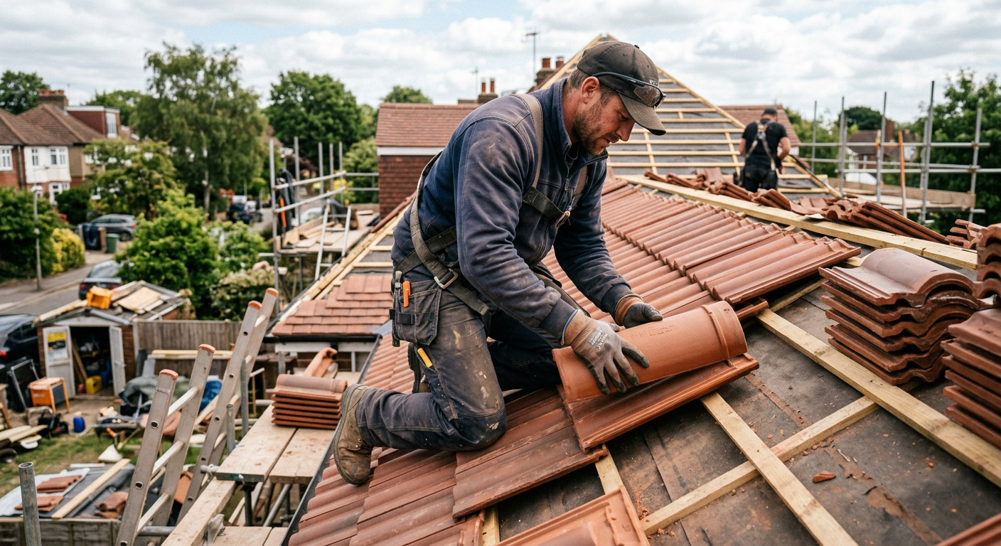 Vakman plaatst roodbruine dakpannen op een pannendak